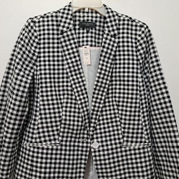 Talbots Linen Blend Preppy Minimal Gingham Blazer Size 12 Petite Black/White NWT - Picture 14 of 15